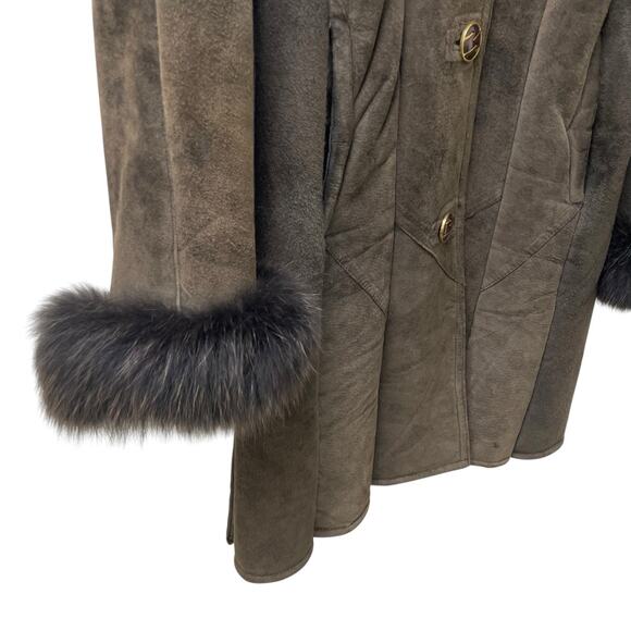 Ming Zhu Best of Nature Brown Leather Suede Fur Trim Cuffs and Collar Coat XL - Picture 2 of 9